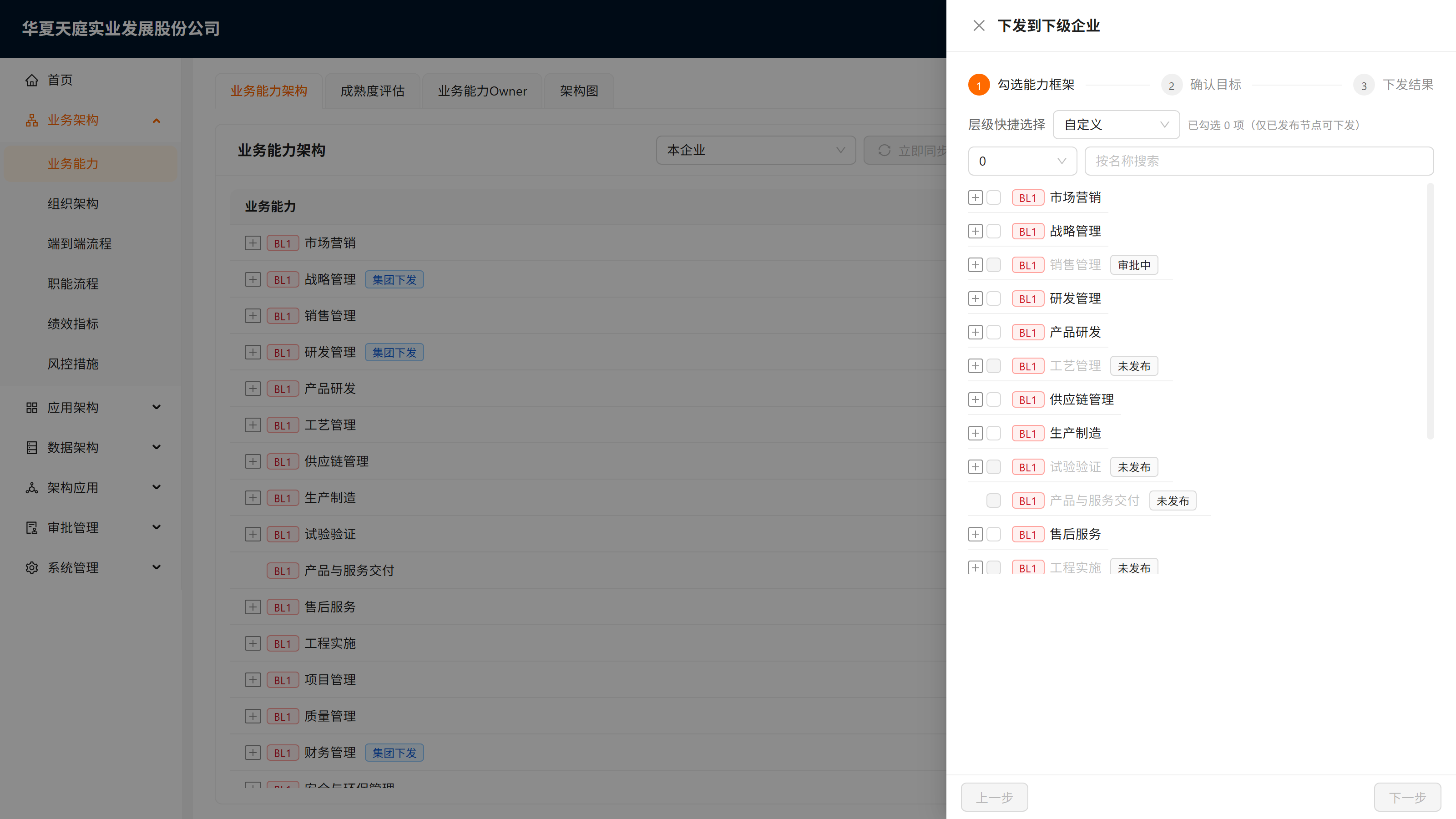 下发三步抽屉——勾选能力子树 / 确认目标 / 下发结果